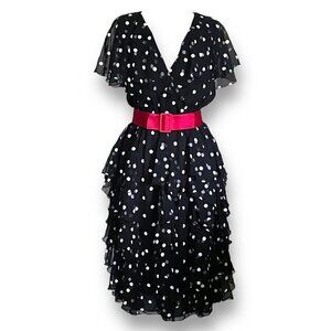 Lillie Rubin Vintage 1980s Party Dress Sz S M Black White Polka Dot Organza
